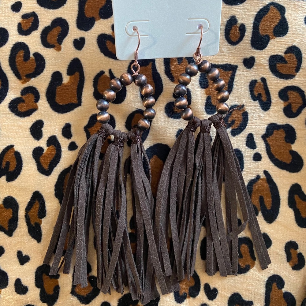 Brown Leather Fringe Earrings